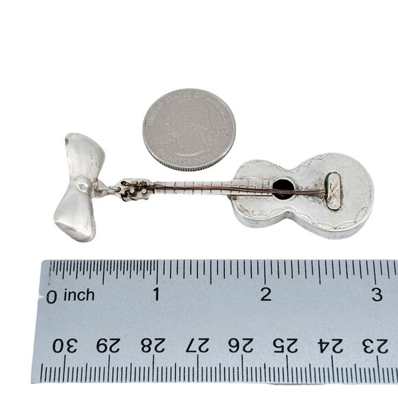 Vintage Mexican Sterling Silver 925 Bow and Guitar Dangle Pin Brooch - Picture 7 of 7